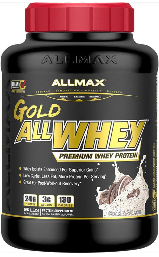 Allmax gold standard whey protein, best protein powder, cookies and cream flavor, cheap protein powder for women or men, low calorie protein powder, clean protein powder, iso whey protein, whey protein concentrate, whey isolate protein powder, best protein powder for weight loss, best tasting protein powder, good for high protein breakfast, protein shakes, protein drinks